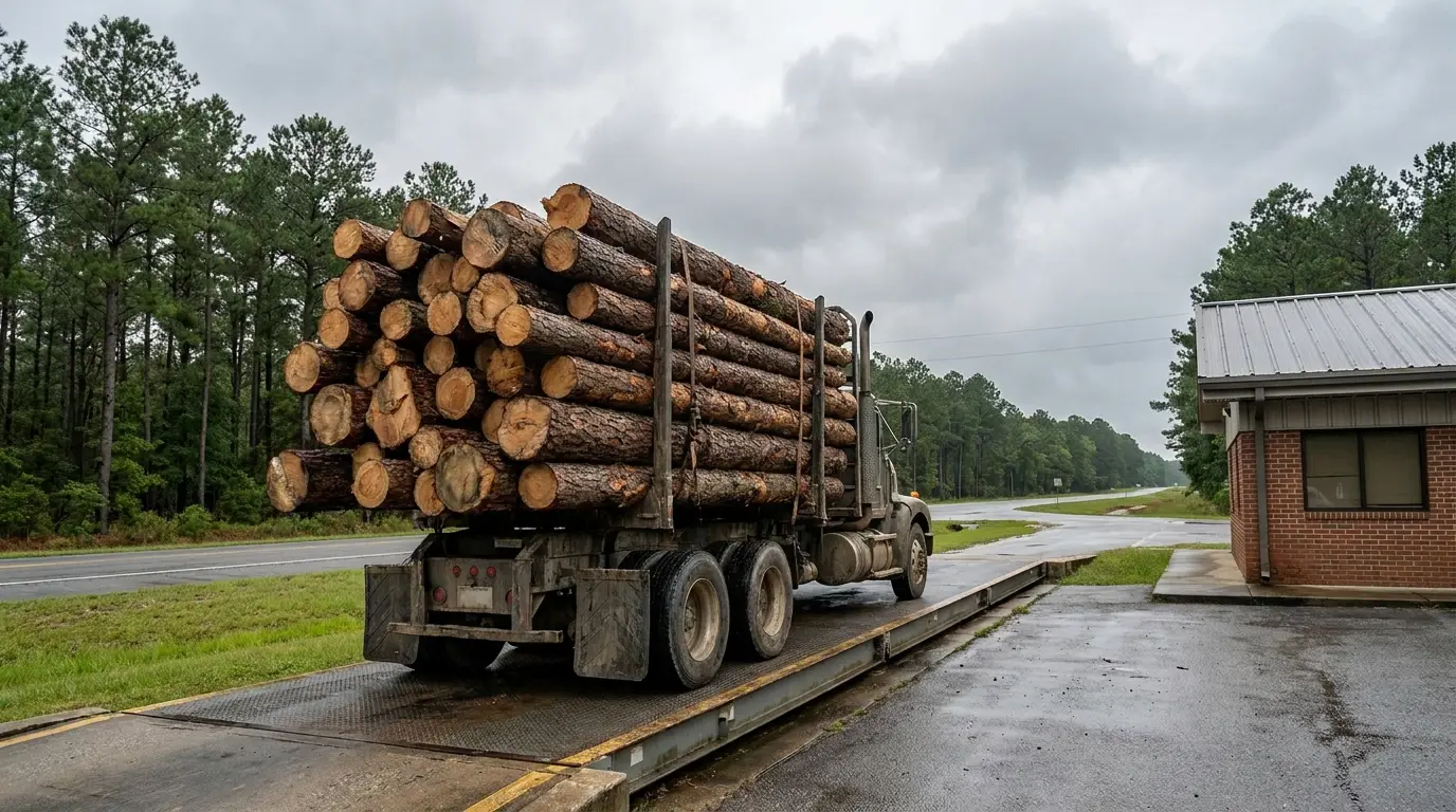 A loaded log truck sitting on a highway weigh station scale platform beside a state inspection building, the moment a Mississippi harvest permit gets checked.