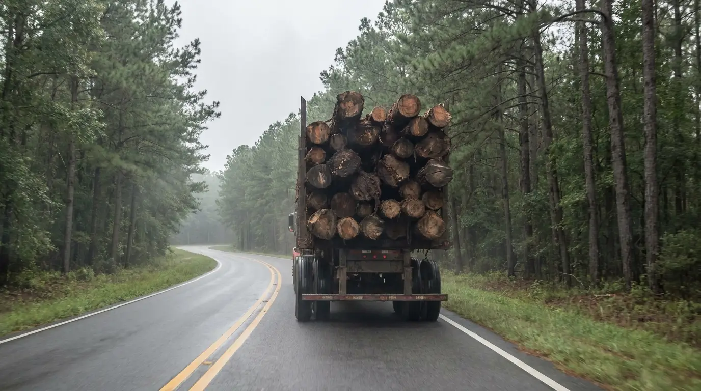 A loaded logging truck stacked with southern pine hauling under a Mississippi harvest permit on a rural two lane highway through pine forest.