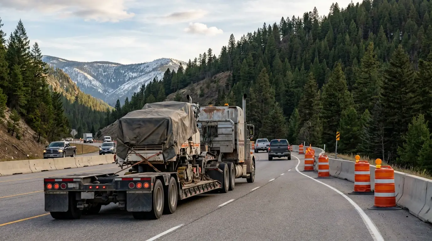 An oversize load on a lowboy trailer moving through a narrowed I-90 work zone in the Montana mountains, the kind of haul a commercial truck insurance policy has to follow.