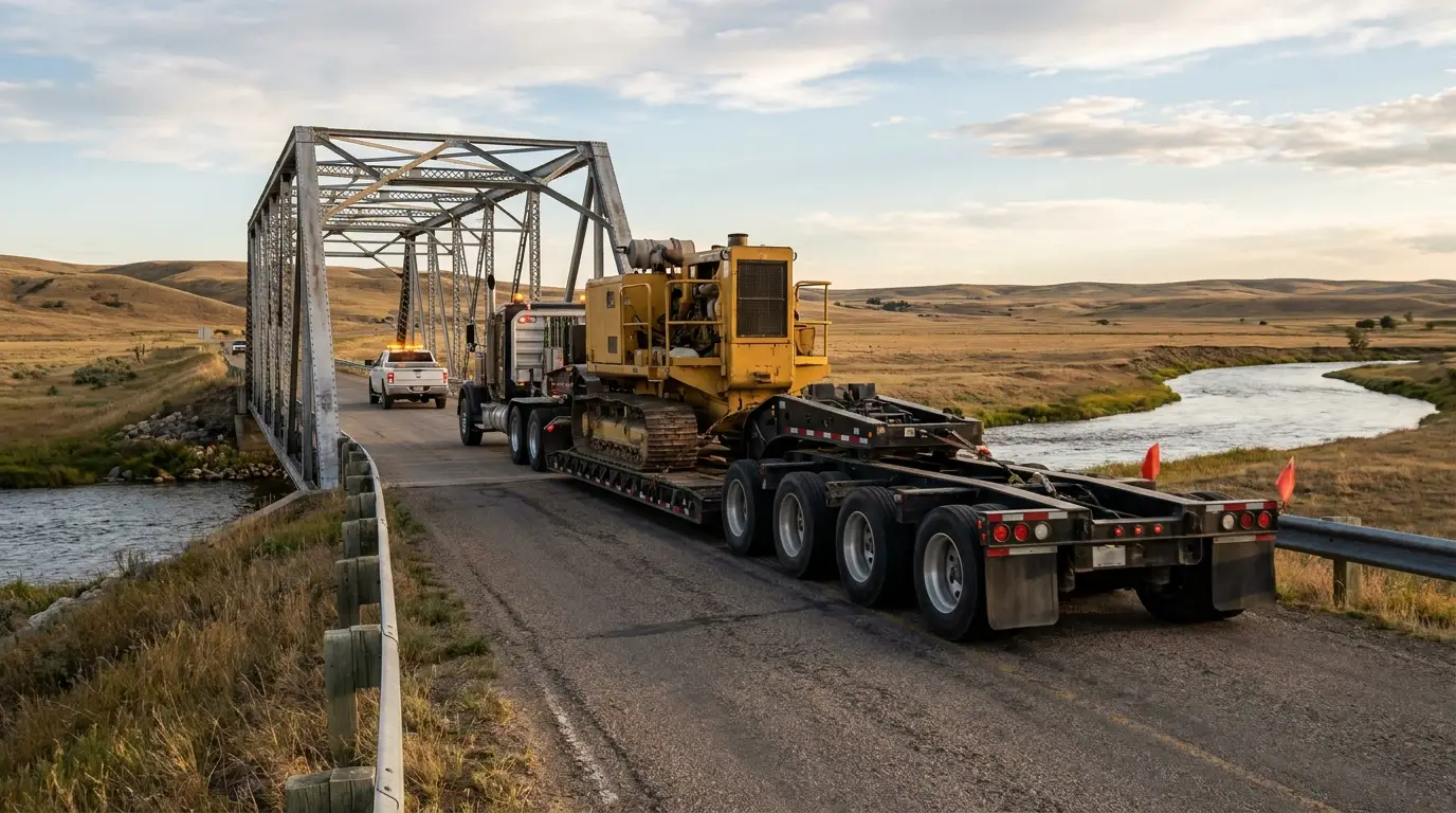 A heavy haul lowboy carrying a dozer approaches a narrow steel truss bridge in rural Montana behind a pilot escort pickup with amber lights.