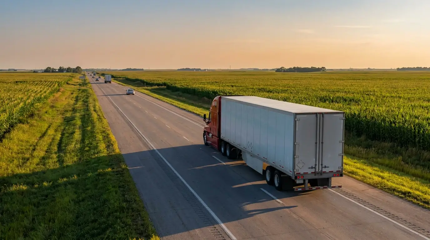 A red tractor pulling a white dry van trailer running an open Nebraska highway through cornfields, the everyday haul behind most commercial truck insurance claims in the state.