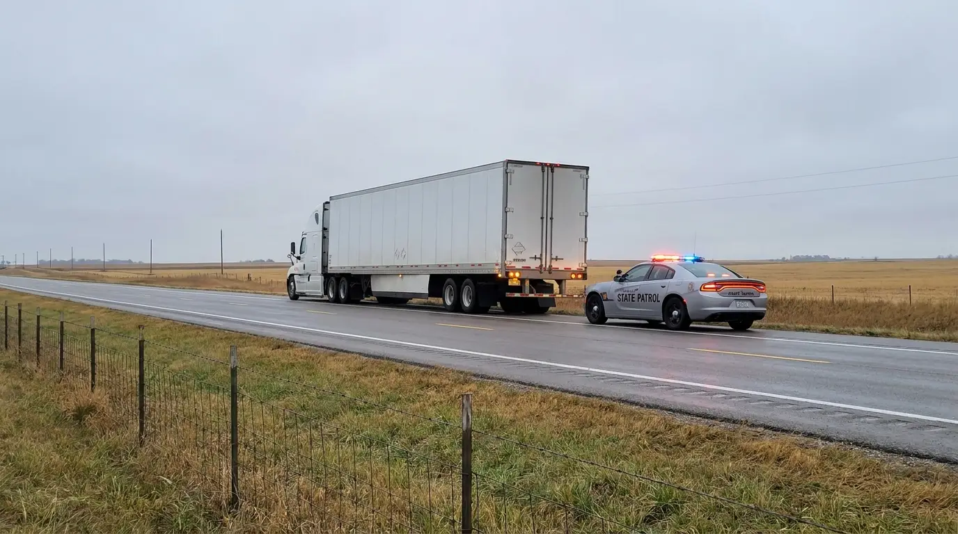 A white tractor trailer stopped on the shoulder of a rural Nebraska highway with a state patrol cruiser behind it documenting the scene after a crash.
