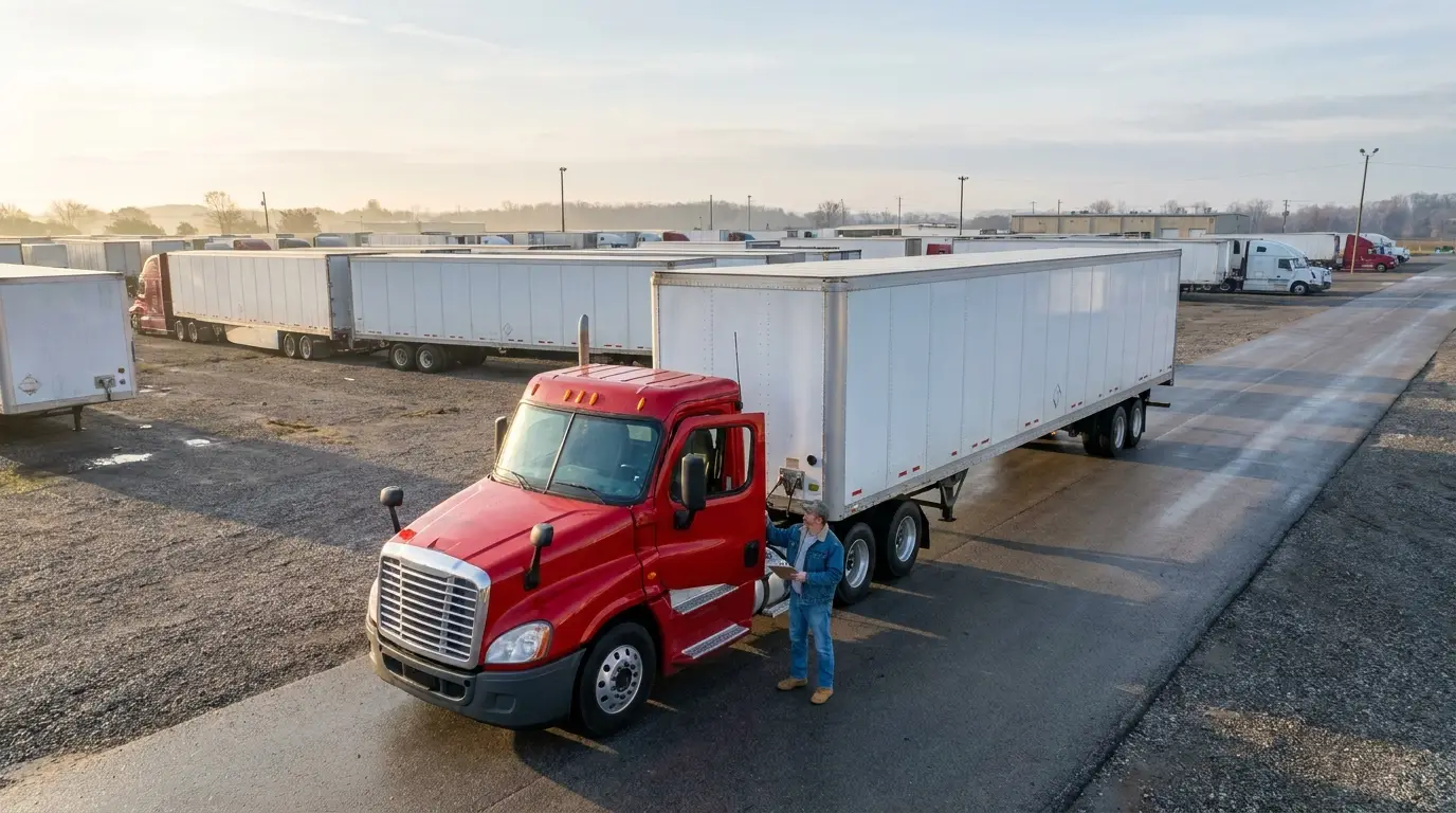 A driver checks paperwork beside a red day cab tractor and white dry van trailer in a freight staging yard, the point where broker requirements meet your truck insurance limits.