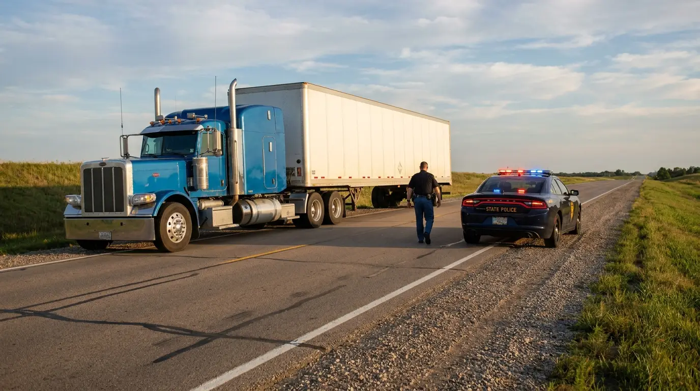 A state police cruiser stopped behind a blue sleeper cab tractor and dry van trailer on an interstate shoulder during a commercial truck inspection.