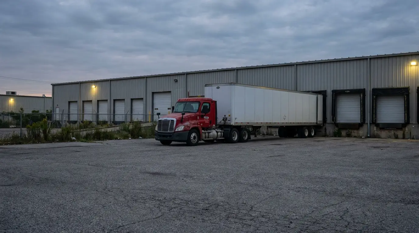 A red day cab tractor with a white dry van trailer parked alone outside a closed freight terminal with its dock doors shut at dusk.