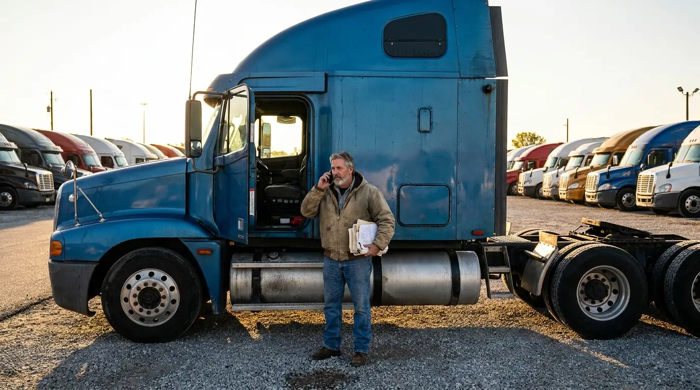 A truck driver standing beside his blue sleeper cab tractor in a truck stop lot, on the phone with a stack of freight paperwork under his arm.