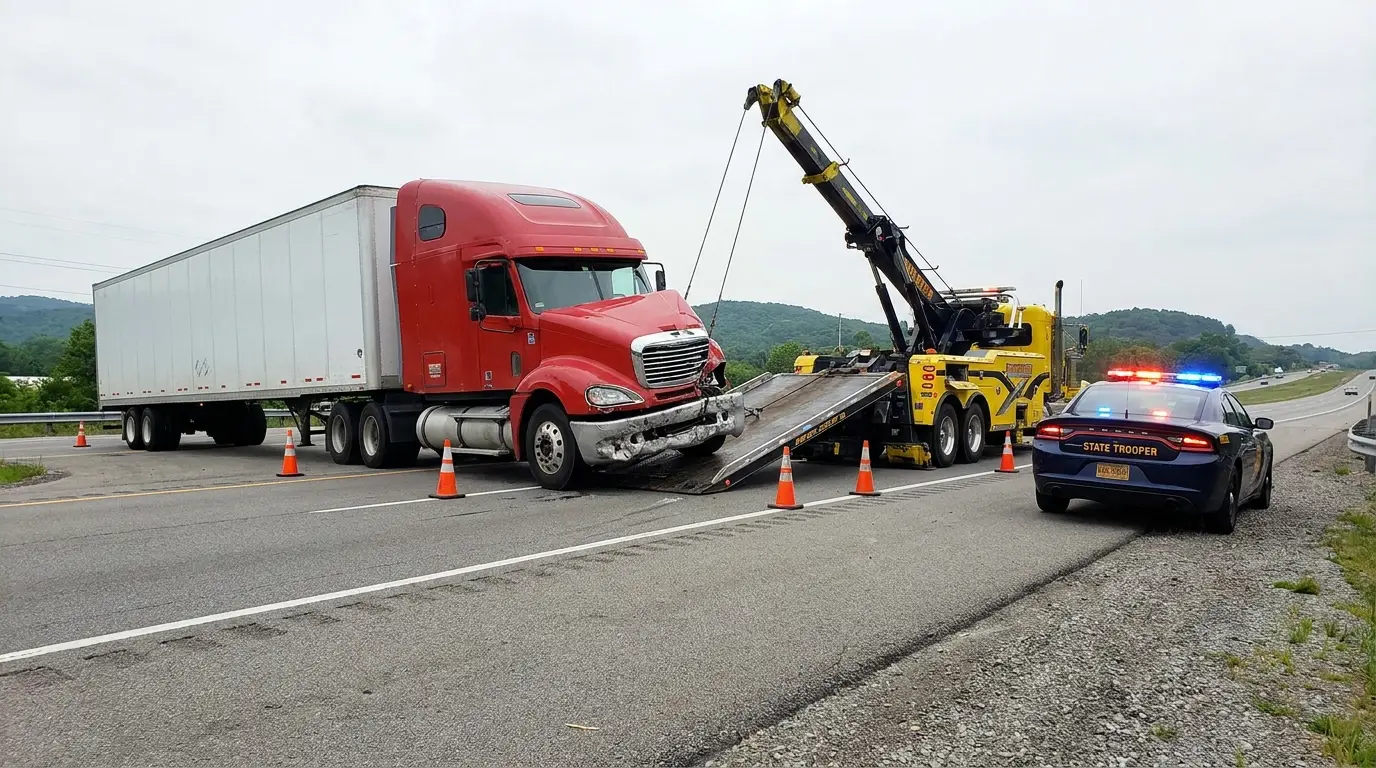A damaged red semi tractor and white dry van trailer being loaded onto a heavy duty tow truck on an interstate shoulder with a state trooper parked behind, the moment more than one truck insurance deductible starts running.