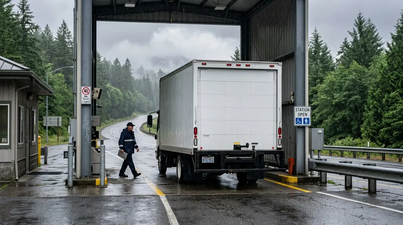A white 26 foot box truck stopped in the inspection bay of an open weigh station on a rainy Oregon highway while an inspector walks toward the cab.