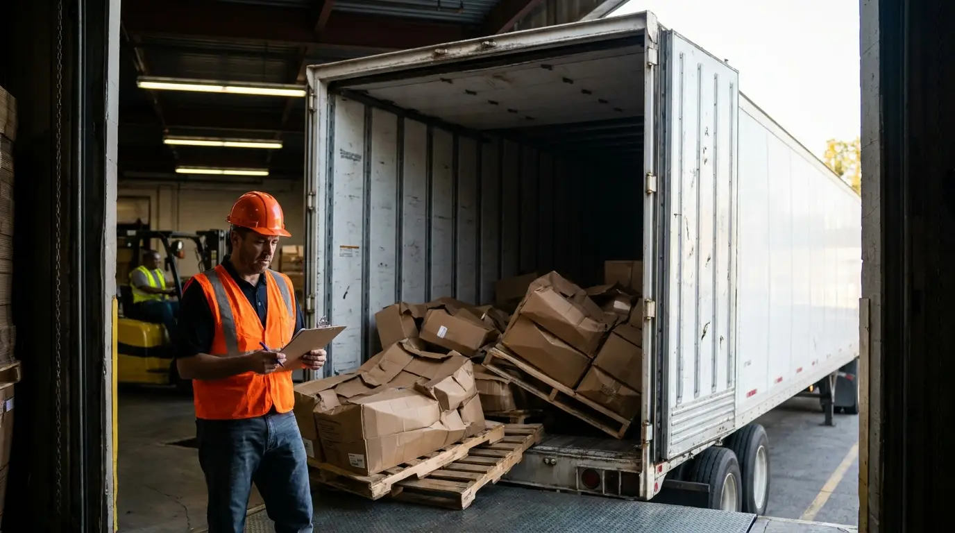 A warehouse worker in a safety vest holding a clipboard and inspecting crushed cardboard freight on pallets at the open rear doors of a dry van trailer at a loading dock.