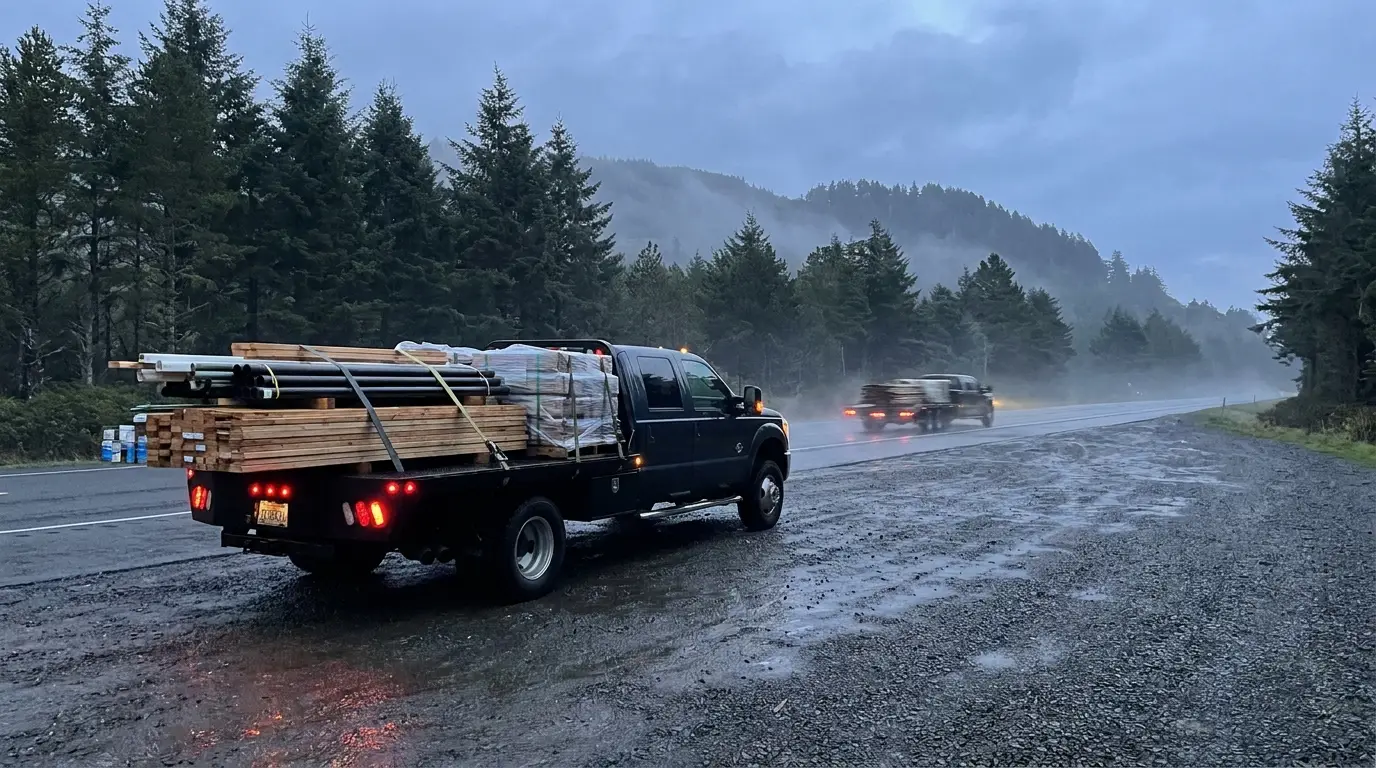 A dually flatbed truck loaded with strapped lumber and pipe parked on the wet gravel shoulder of an Oregon highway at dusk as another truck travels away ahead of it.
