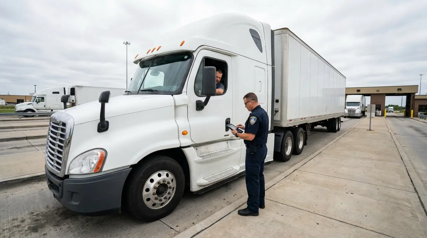A state commercial vehicle inspector holding a tablet at the open driver window of a white sleeper cab tractor in a highway weigh station inspection bay.