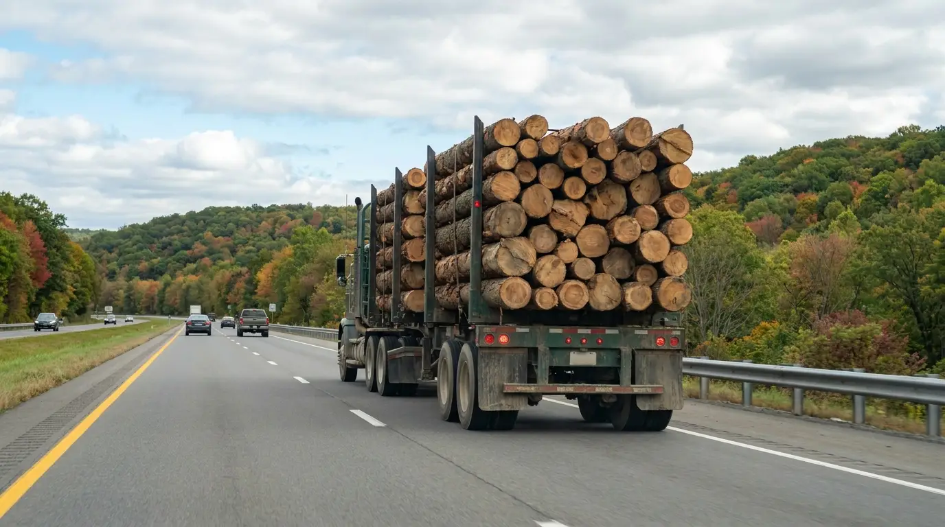 A loaded logging truck hauling hardwood logs on a four lane divided highway through the forested hills of northern Pennsylvania, the kind of divisible load the I-99 weight change affects.