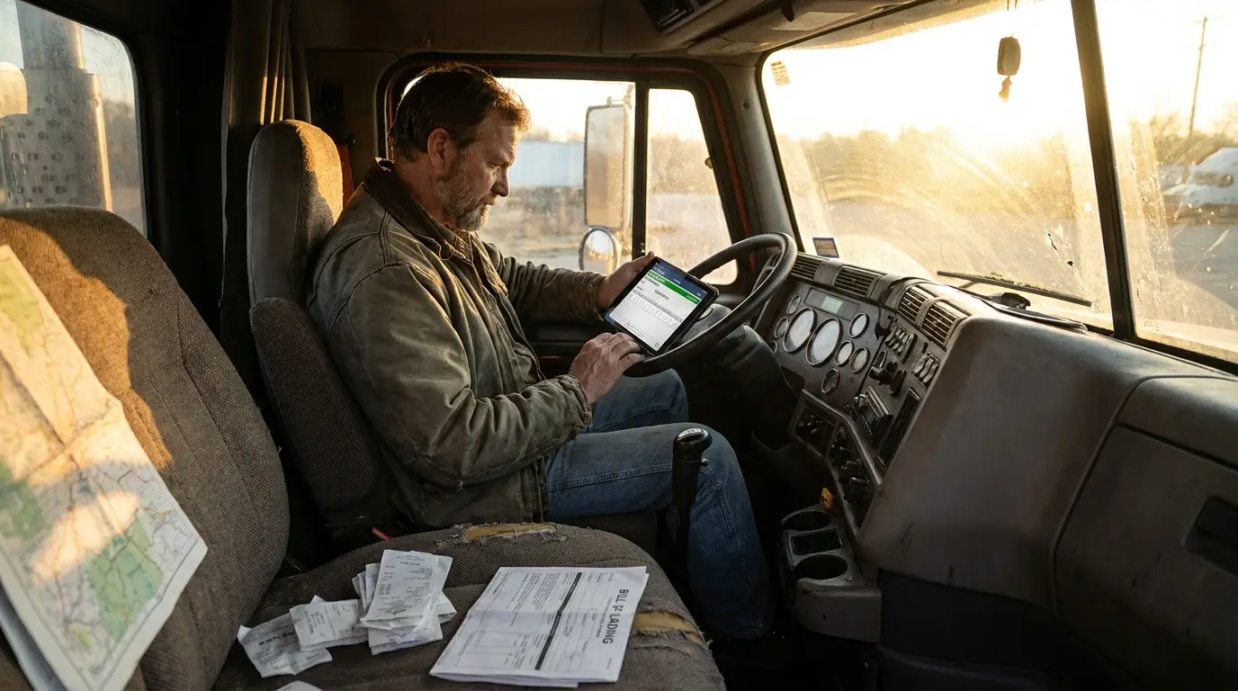 A truck driver seated in his cab reviewing an electronic duty status log on a tablet with fuel receipts and a bill of lading on the passenger seat.