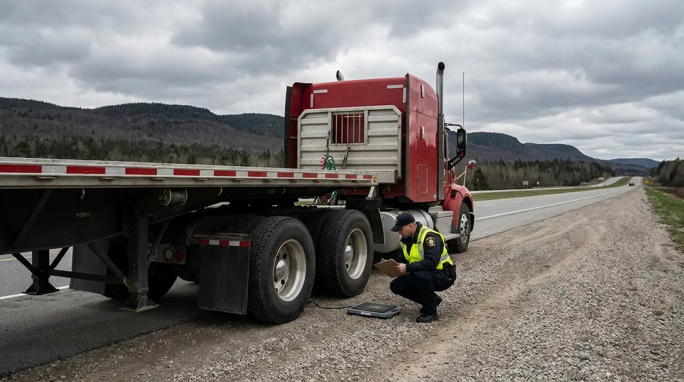 A commercial vehicle inspector crouching beside the drive axles of a red flatbed tractor trailer at a portable weigh scale on a rural highway shoulder.