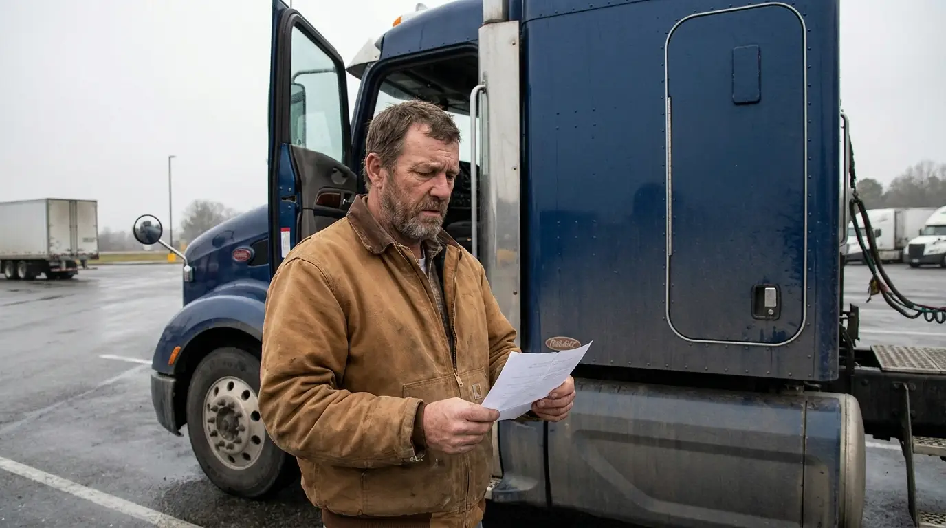 An owner operator in a work jacket standing beside his blue sleeper semi truck at a truck stop reading a mid term truck insurance cancellation notice.