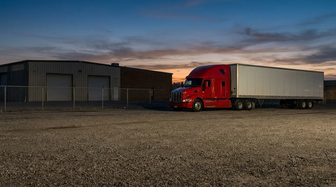 A red semi truck and white dry van trailer parked alone in an empty gravel yard at dusk with no commercial truck insurance in effect.