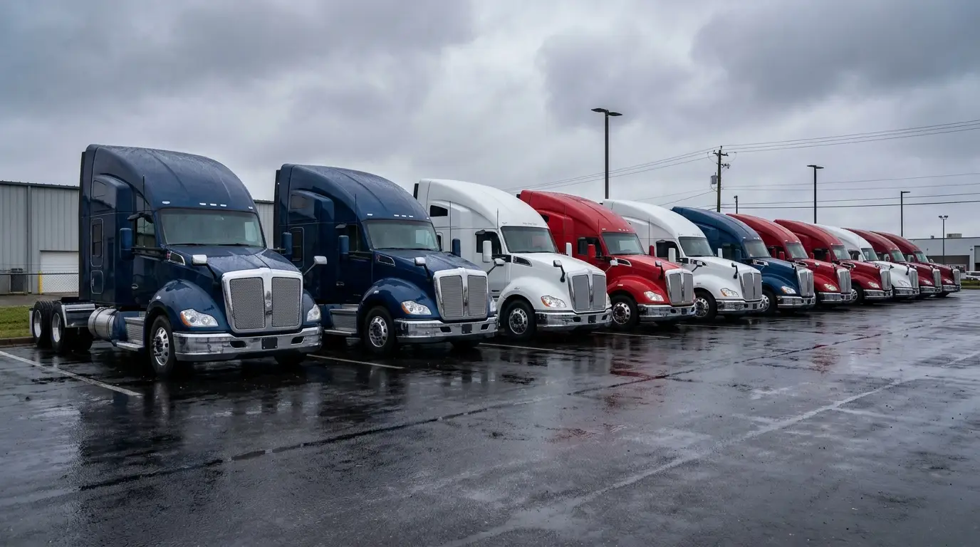 A row of new navy, white and red conventional sleeper tractors parked on a wet truck dealership lot under an overcast sky waiting on buyers who can get financing.