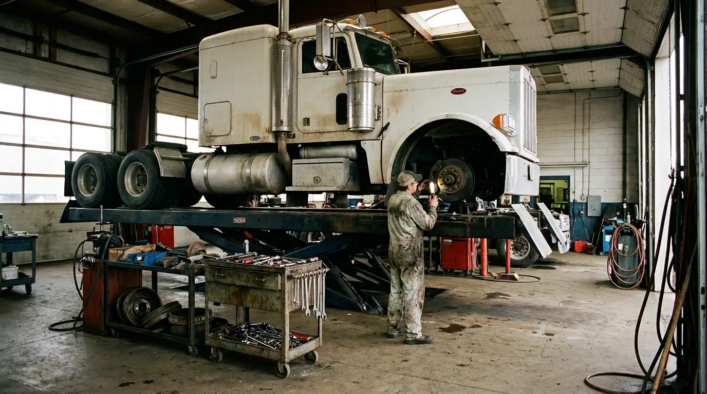 An older white conventional sleeper tractor raised on a heavy duty shop lift while a mechanic with a work light inspects the brake drum underneath.