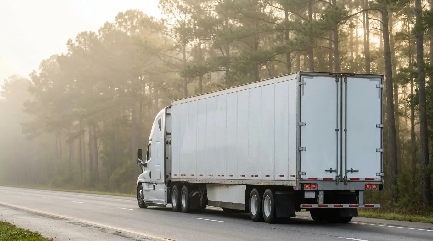 A white sleeper tractor pulling a dry van trailer through morning haze on a pine lined South Carolina interstate, the kind of run the new state fault rule now reaches.