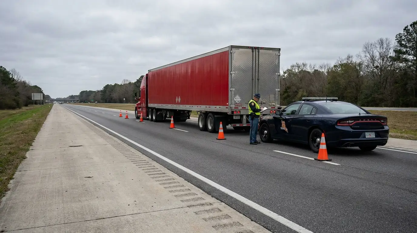 A state trooper writing on a clipboard beside a red tractor trailer stopped behind orange cones on an interstate shoulder, the roadside record that helps set fault percentages in a South Carolina truck insurance claim.