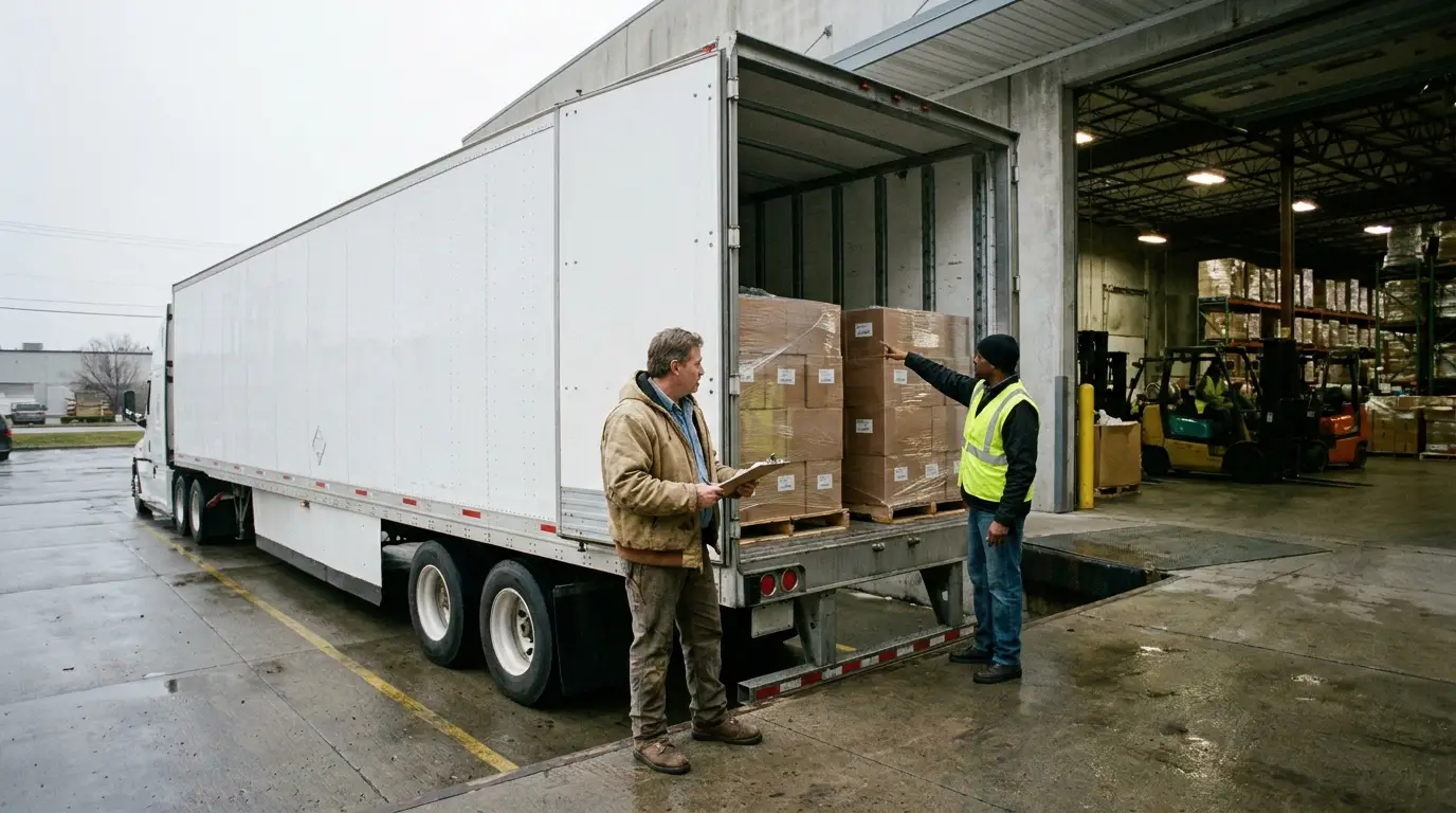 A truck driver holding a clipboard beside the open doors of a dry van trailer at a warehouse dock while a worker points at shrink wrapped pallets, the moment a cargo claim on truck insurance usually starts.