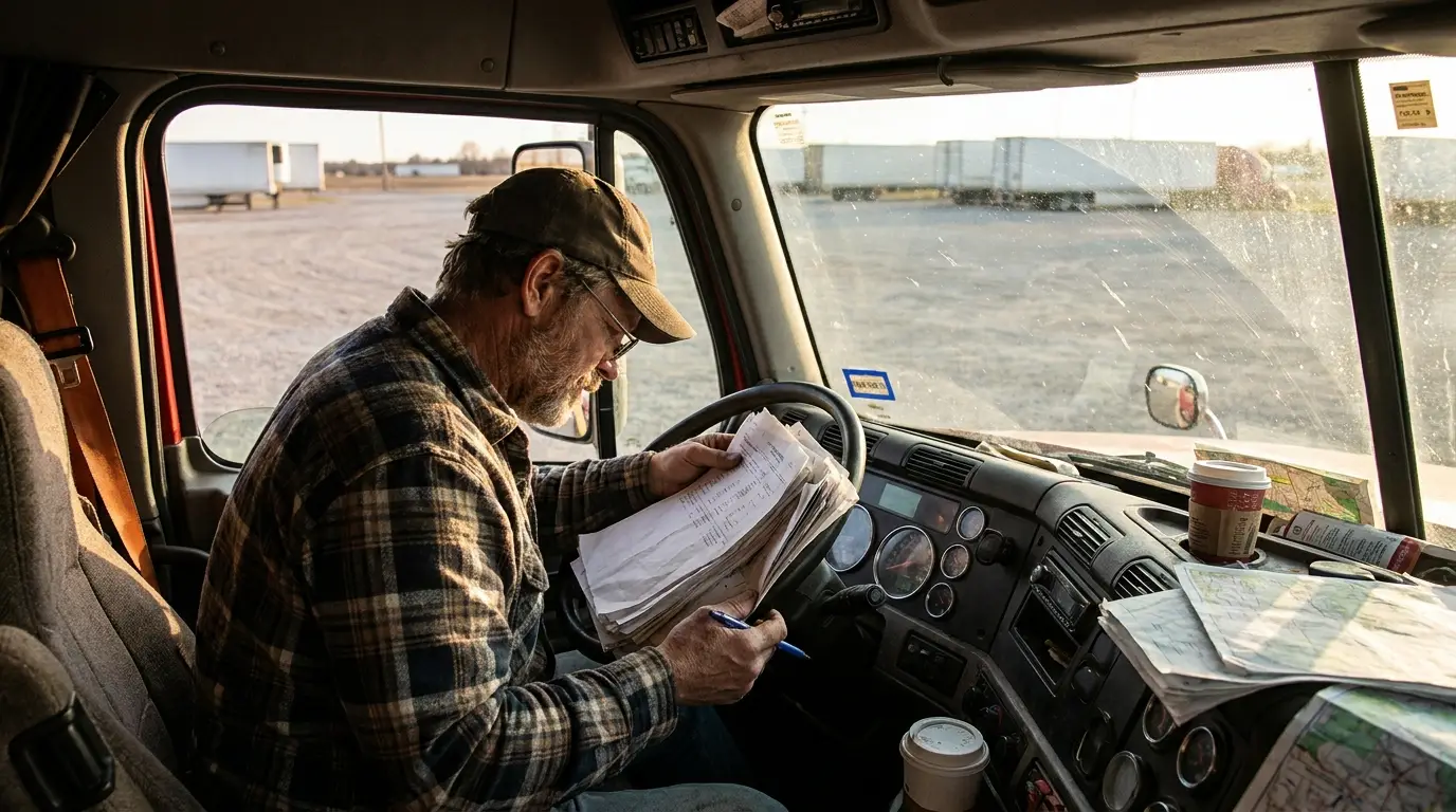 An owner-operator sitting in the cab of a parked semi truck reading a stack of freight paperwork with a pen in his hand before accepting a load.