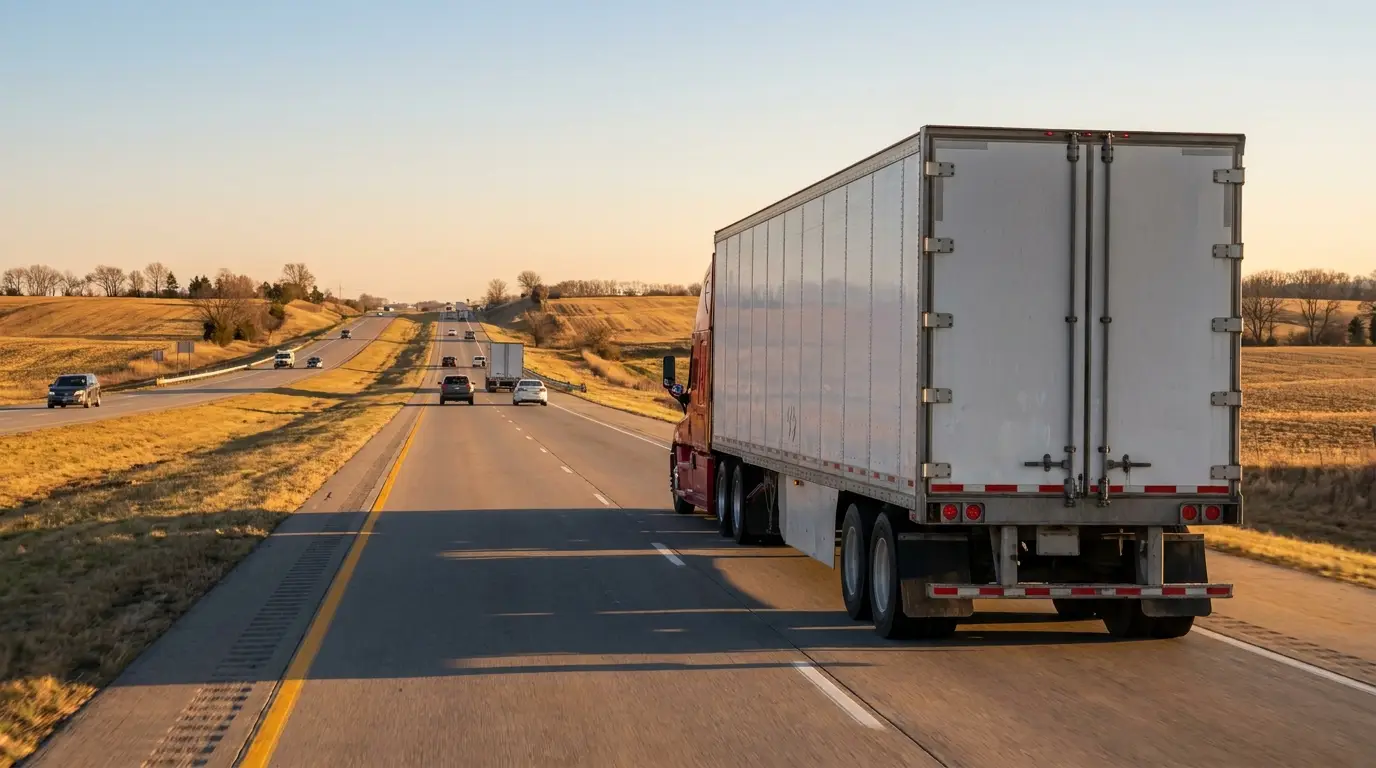A red semi truck pulling a white dry van trailer along an open interstate at sunset, the everyday interstate haul the federal truck insurance minimum was written for.