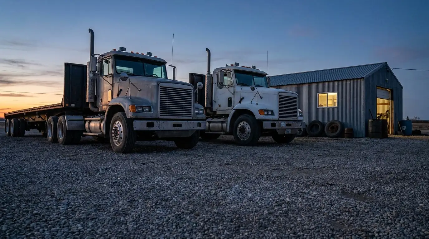 Two day cab semi trucks and a flatbed trailer parked on a gravel lot beside a small metal shop building at dusk.