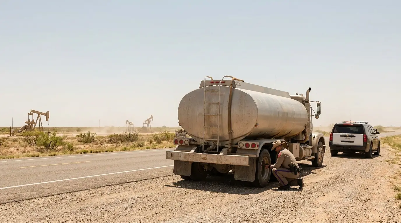 A Texas state trooper kneeling beside the rear axles of an oilfield water tanker truck during a roadside commercial vehicle inspection on a West Texas desert highway.
