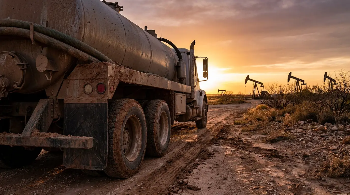 A mud covered oilfield vacuum tanker truck parked on a caliche lease road in the Permian Basin at sunset with pumpjacks in the background.
