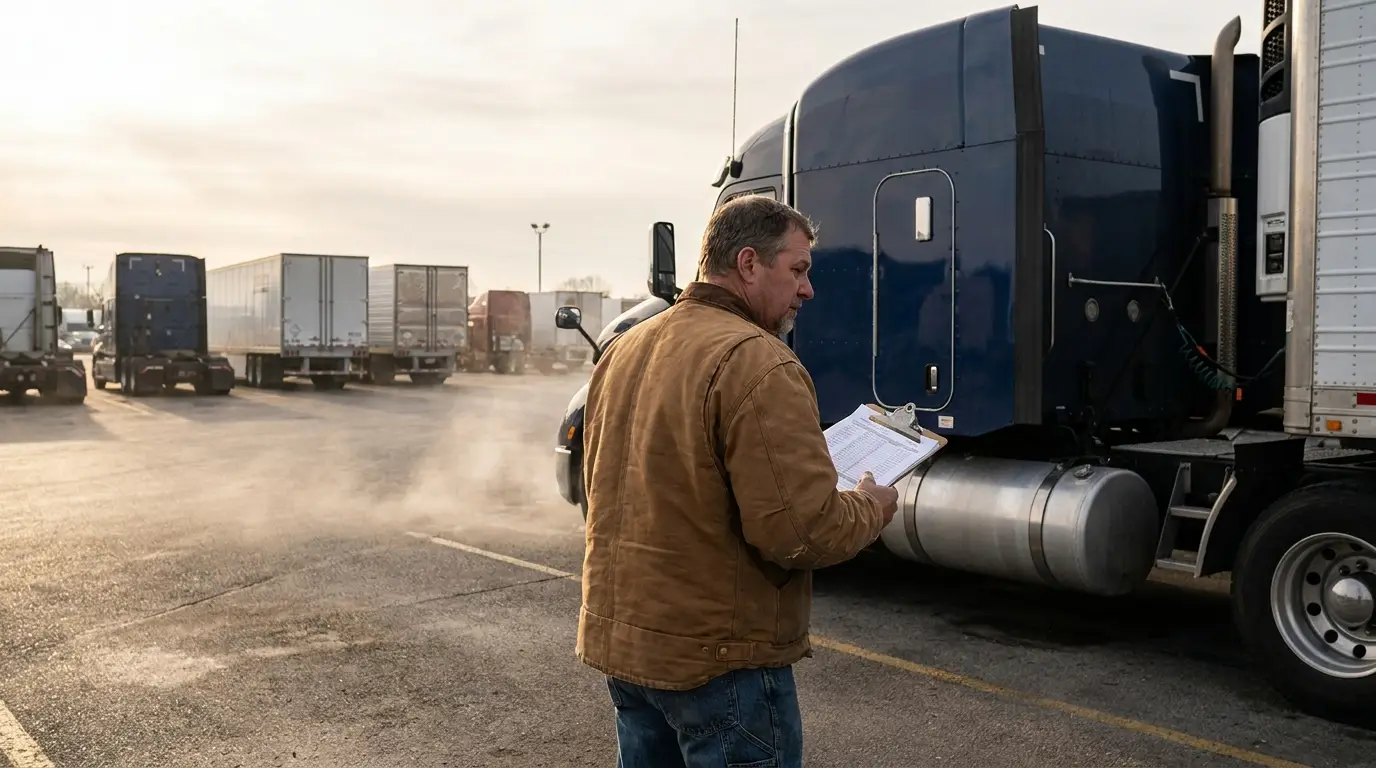 An owner operator in a canvas work jacket standing beside his parked blue semi truck at a truck stop, reading insurance paperwork on a clipboard before taking a load.