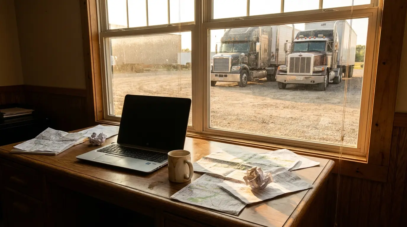 A small trucking company office desk with a laptop and truck insurance paperwork spread across it, looking through a window on two parked tractor trailers in a gravel yard.