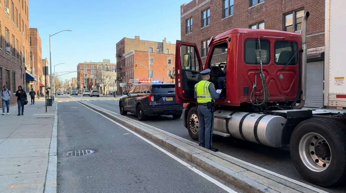 A state police commercial vehicle officer checking paperwork at the open driver door of a red semi truck pulled over on a city street, the kind of stop that turns into a truck insurance problem.