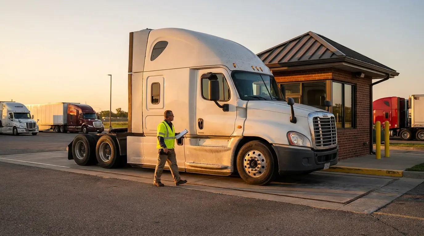 A white sleeper tractor parked on the scale at a highway weigh station while an inspector in a safety vest walks up to the cab holding a clipboard.