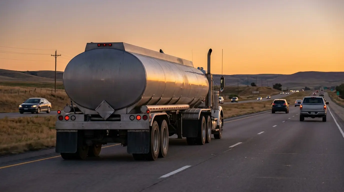 A silver fuel tanker truck running in the right lane of a rural interstate at dusk with traffic flowing the same direction, the kind of long fuel haul the new hours waiver allows and the kind of exposure truck insurance has to price.