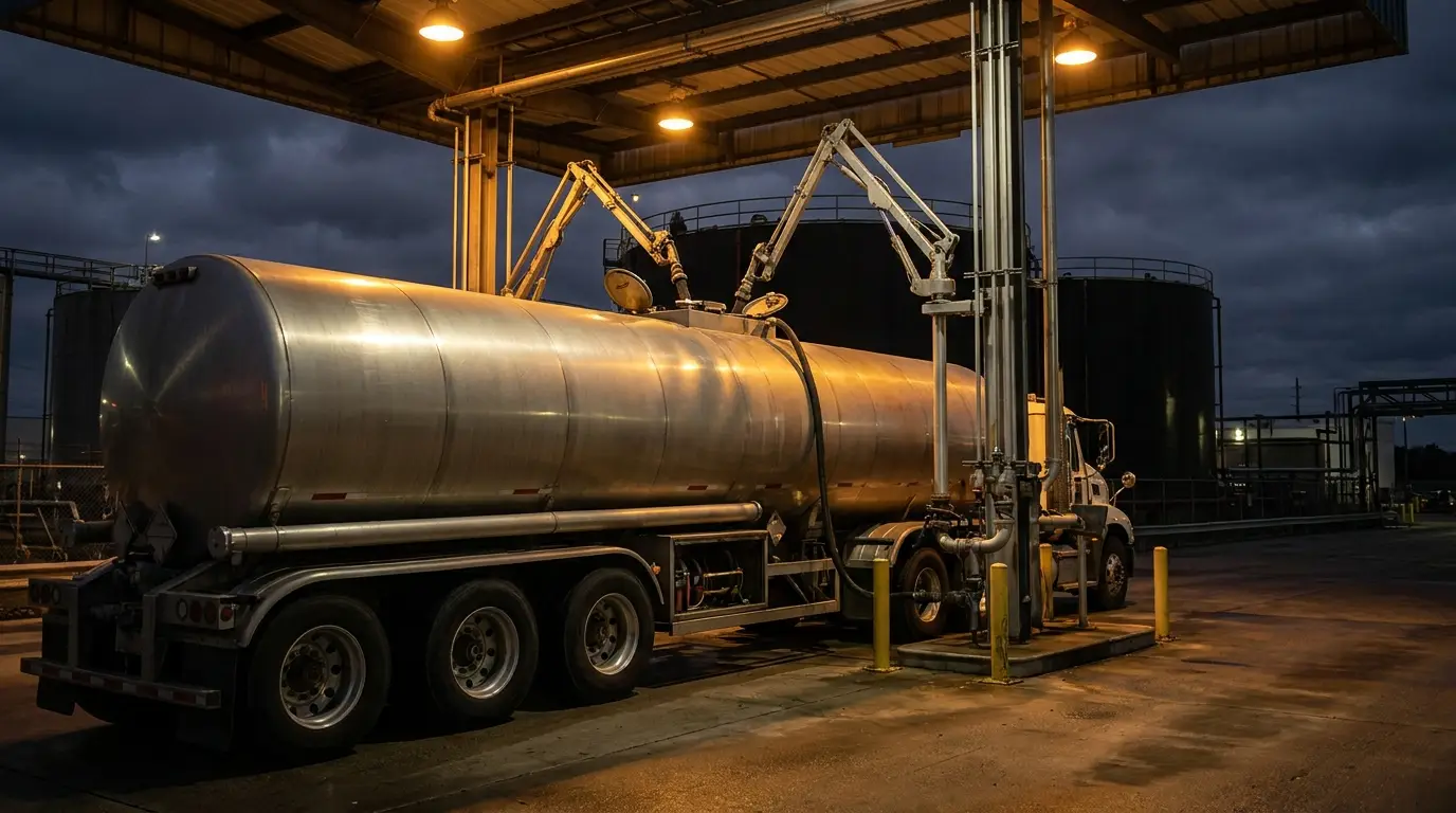 A stainless fuel tanker parked under the lights of a petroleum terminal loading rack at night with the loading arms connected, the point where the load value your truck insurance has to cover is set.