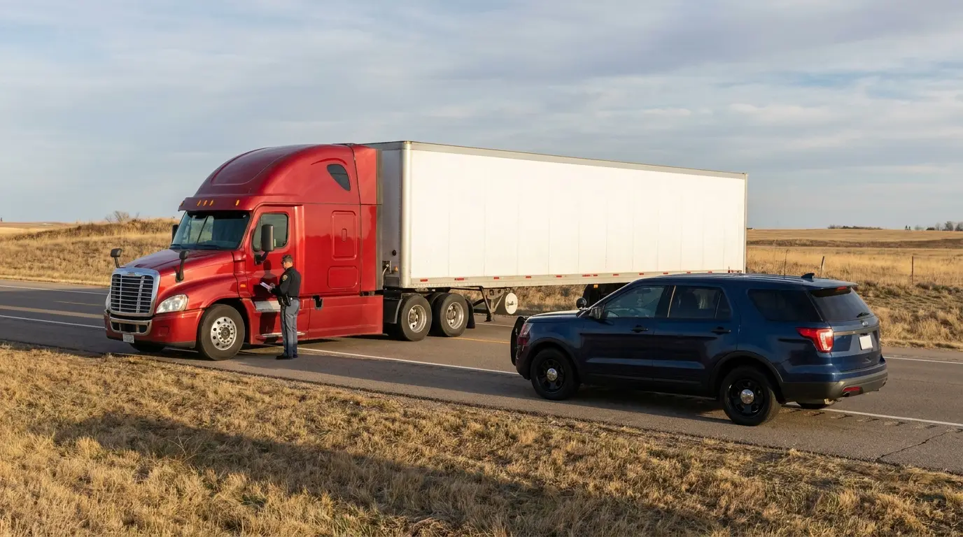 A red semi truck with a white dry van trailer parked undamaged on a rural interstate shoulder during a roadside inspection, with an enforcement SUV stopped behind it.