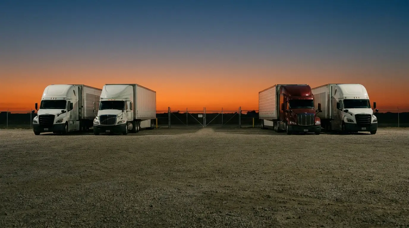 Four clean tractor trailers parked side by side in an empty gravel carrier yard at dusk behind a closed gate.