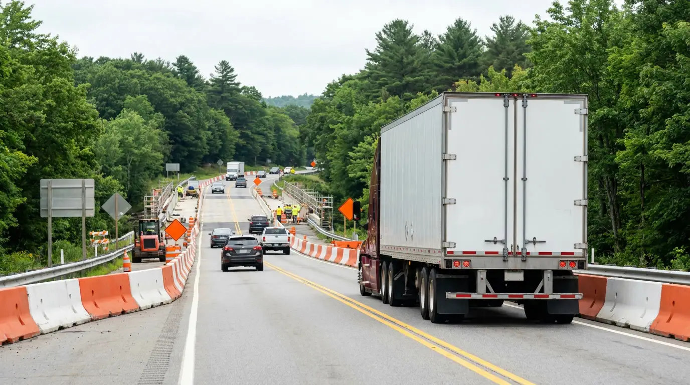 A tractor trailer running a narrowed work zone lane between orange and white concrete barriers on a forested Vermont interstate, with oncoming traffic sharing the same roadway.