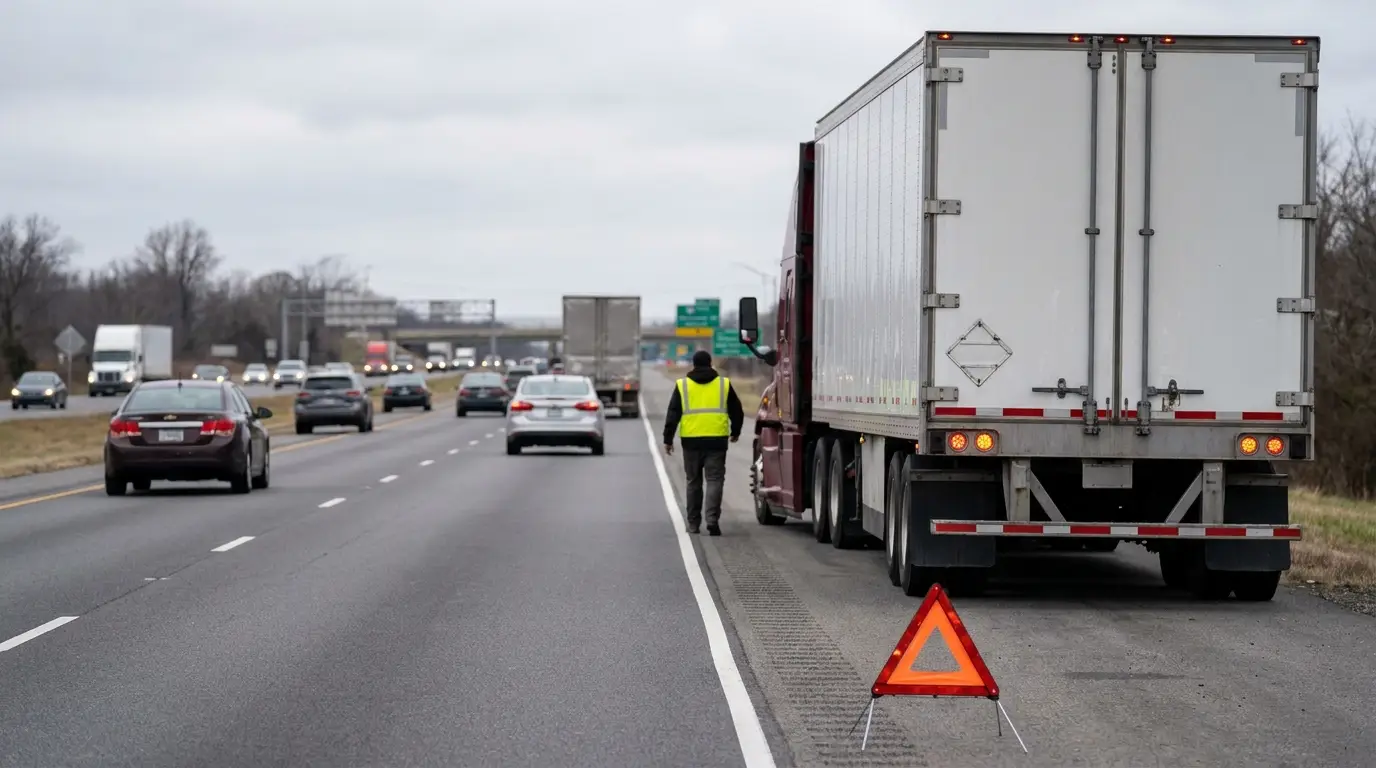A dry van semi truck stopped on the right shoulder of a busy interstate with a reflective orange warning triangle set on the pavement behind the trailer and a driver in a high visibility vest walking back toward the cab, the roadside setup that truck insurance claims turn on