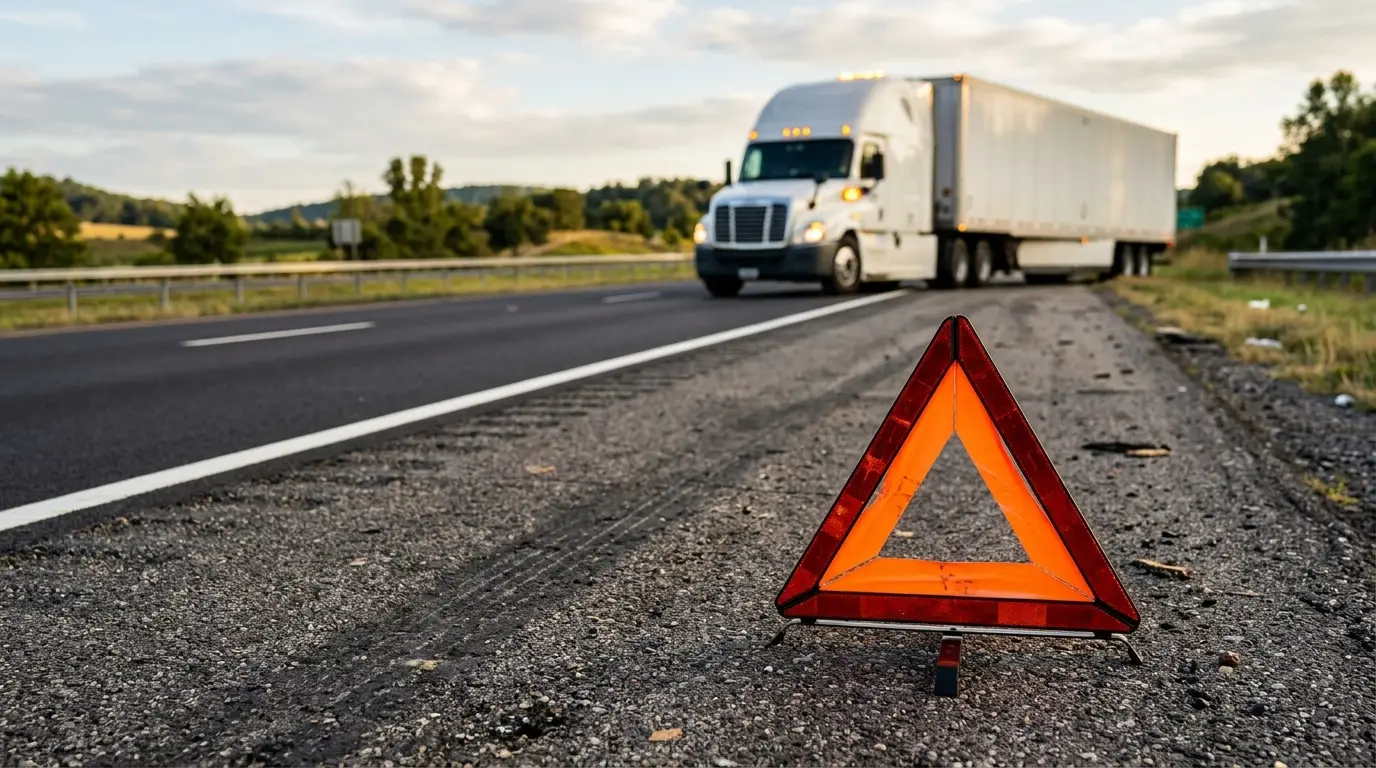 A close view of a reflective orange warning triangle standing on the gravel shoulder of a rural interstate with a white semi truck and trailer parked ahead of it, the placement required before a truck insurance claim is ever filed