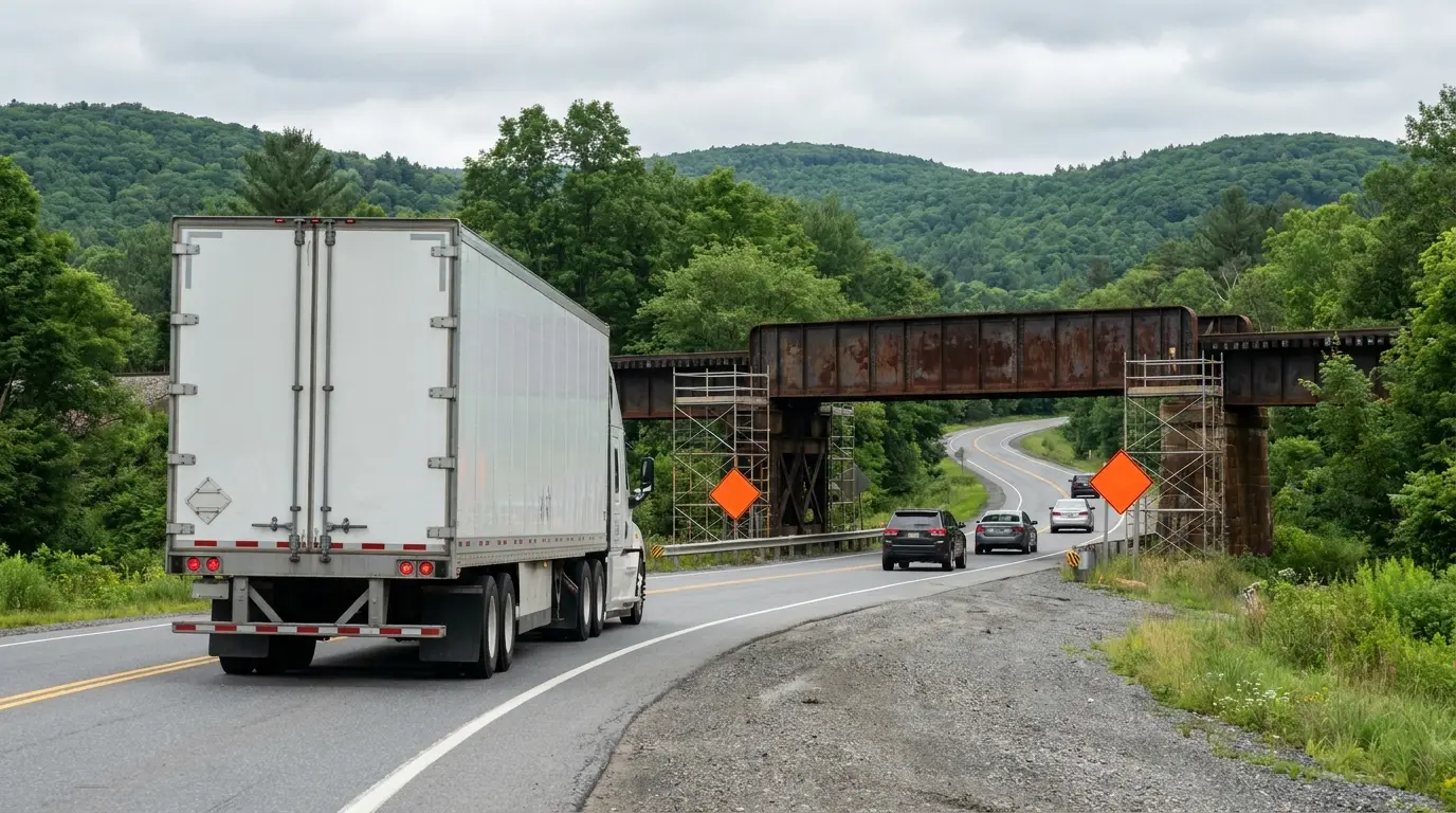 A tractor trailer approaching a low steel girder overpass on a rural two lane Vermont highway with construction warning signs and scaffolding under the bridge.