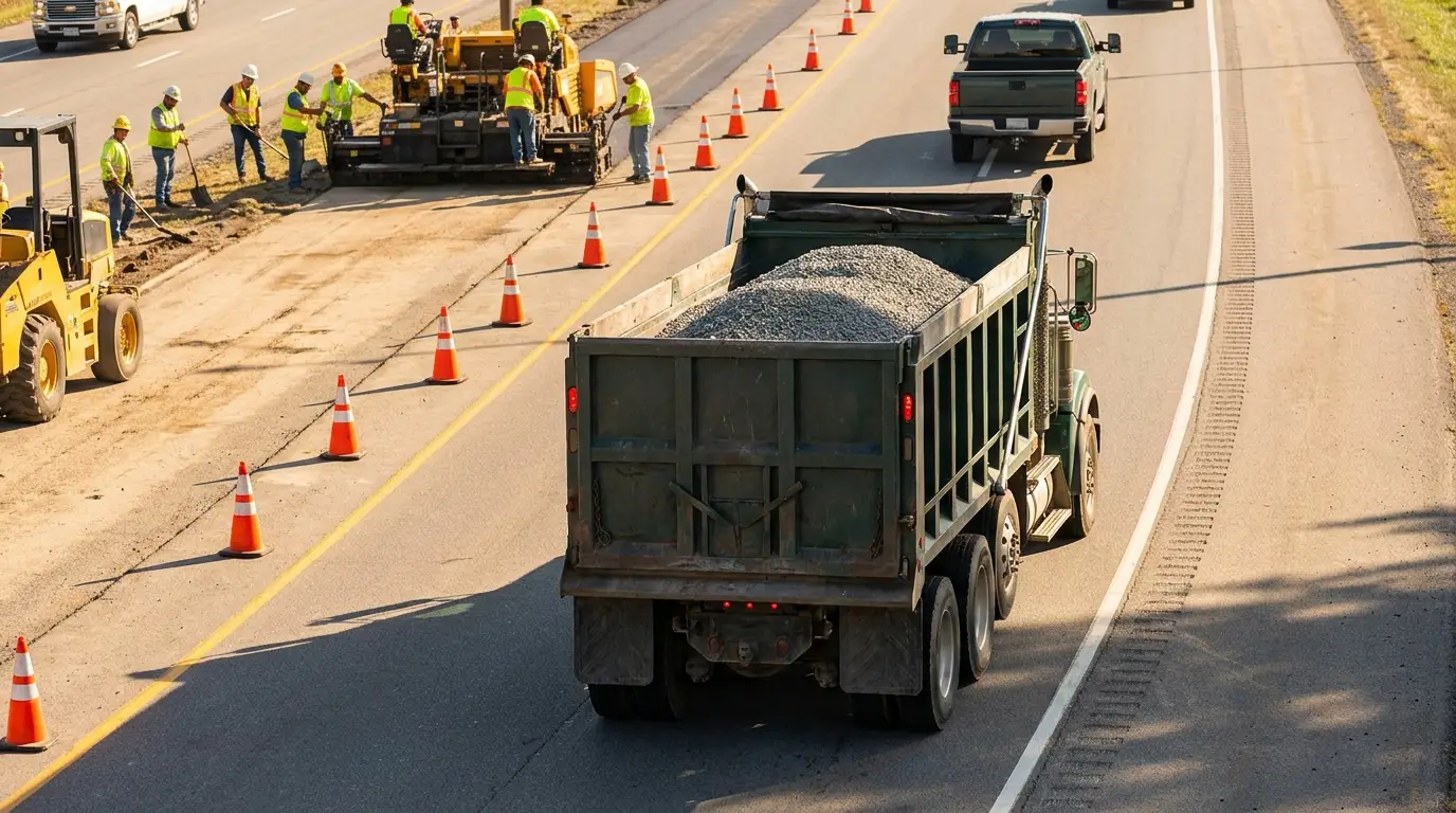 A loaded tandem axle dump truck rolling past an active paving crew and a line of orange cones on a two lane highway.