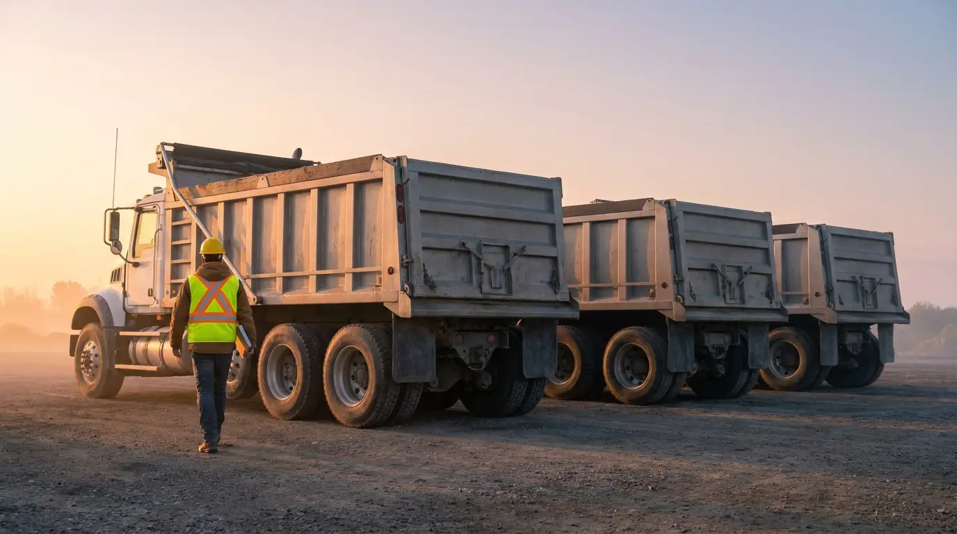 A row of tandem axle dump trucks parked on gravel at sunrise while a driver in a safety vest walks toward the first truck.