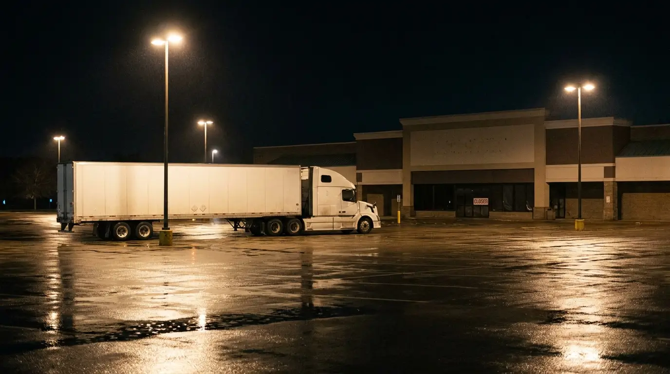 A white tractor-trailer parked alone at night in an empty grocery store parking lot under tall lot lights with the closed storefront behind it, the kind of overnight delivery setting where a truck insurance claim can turn on driver intent