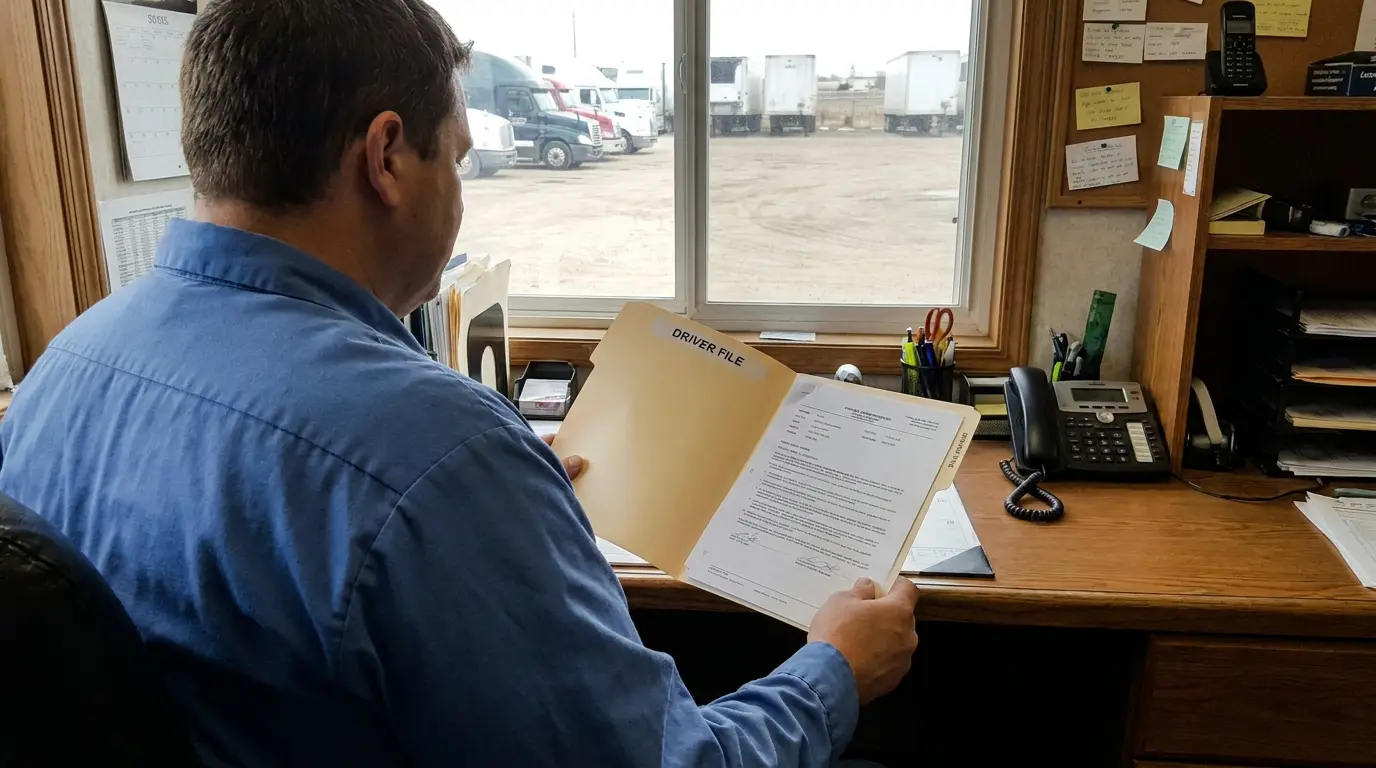 A trucking company manager seated at an office desk reading a printed driver qualification file with tractor-trailers parked in the yard outside the window, the paperwork that decides a negligent hiring claim after a truck insurance loss
