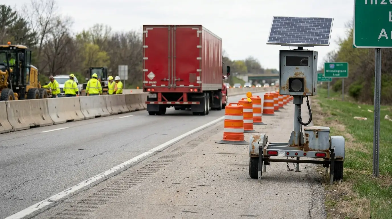 A solar powered roadside speed enforcement camera trailer on the shoulder of a Virginia interstate work zone as a red tractor trailer passes the barrier wall, the kind of setup behind a commercial truck insurance claim in Virginia.