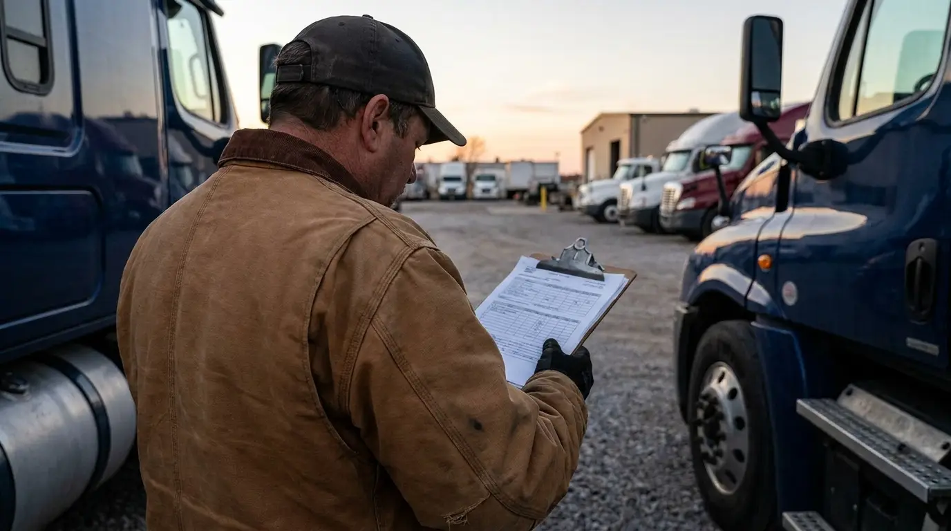A truck owner in a work jacket and cap reviewing a clipboard of driver paperwork beside parked tractors in a small fleet yard at dusk.