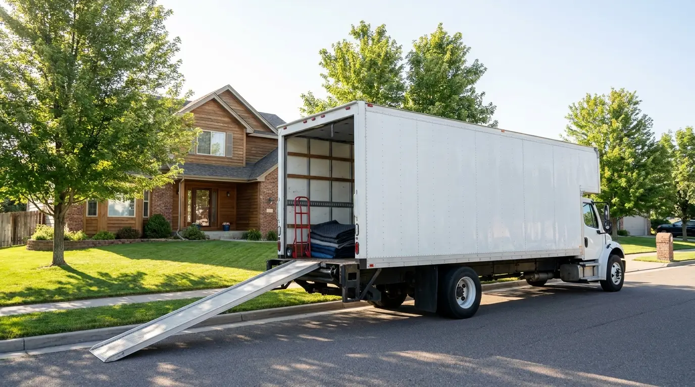 A white 26 foot box truck parked at a residential curb with the rear door open and the loading ramp down for a household move.