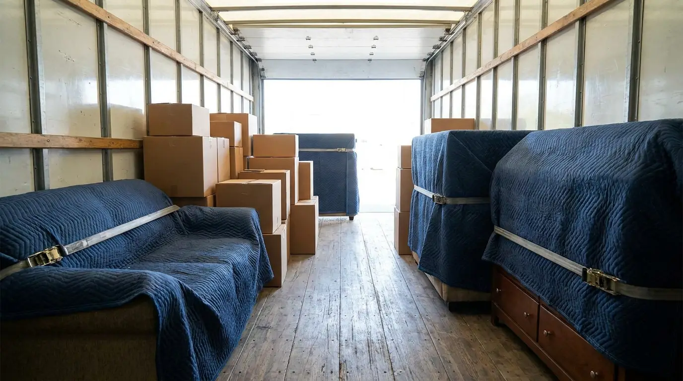 Cartons and blanket wrapped furniture strapped to the wall inside the cargo box of a straight moving truck.